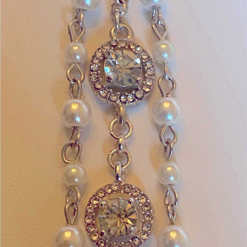 Bridal Faux Pearl & Sparkly Rhinestones Silver Chain Bracelet.  Classic Design.